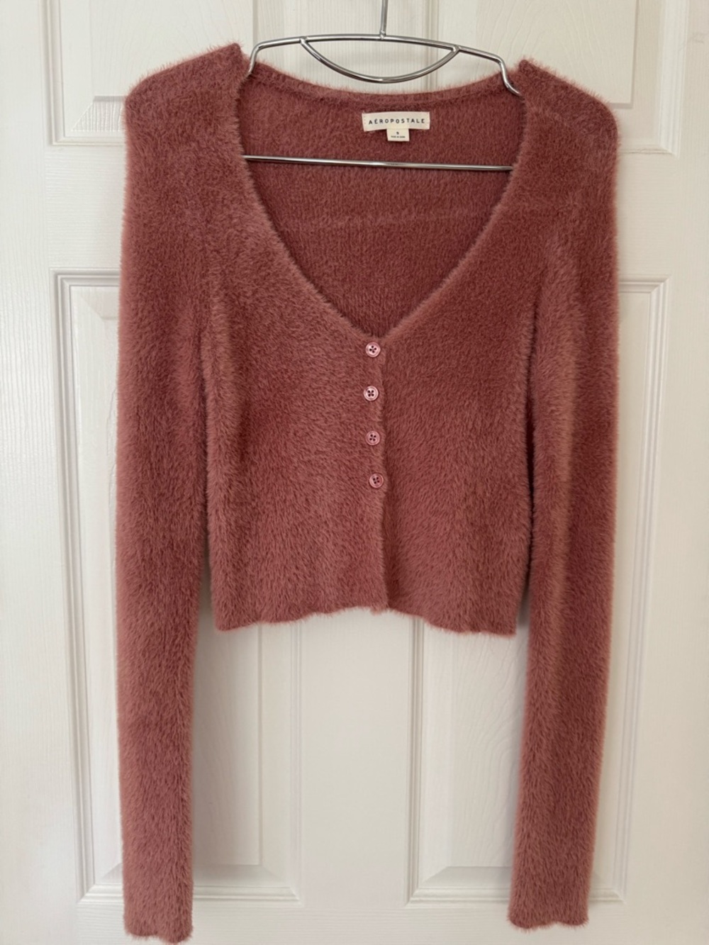 Aeropostale Women's Fuzzy V-Neck Button Cardigan - Mauve Pink